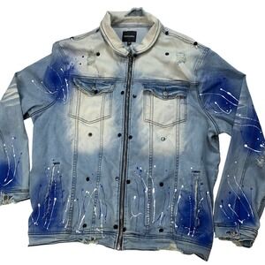 Rockstar Original Denim Demna Jacket 2X Blue White Paint Splatter Distressed Zip